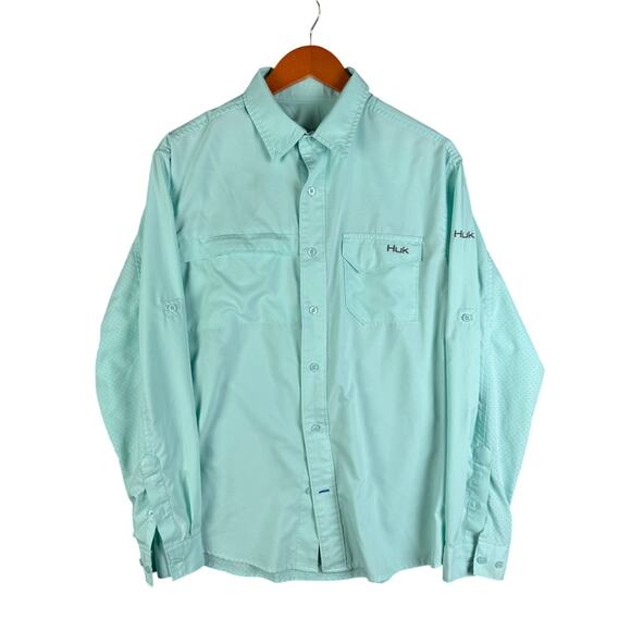 Huk Performance Tide Point Long Sleeve Woven Shirt Crystal Blue Mint Mens Medium - Picture 1 of 13